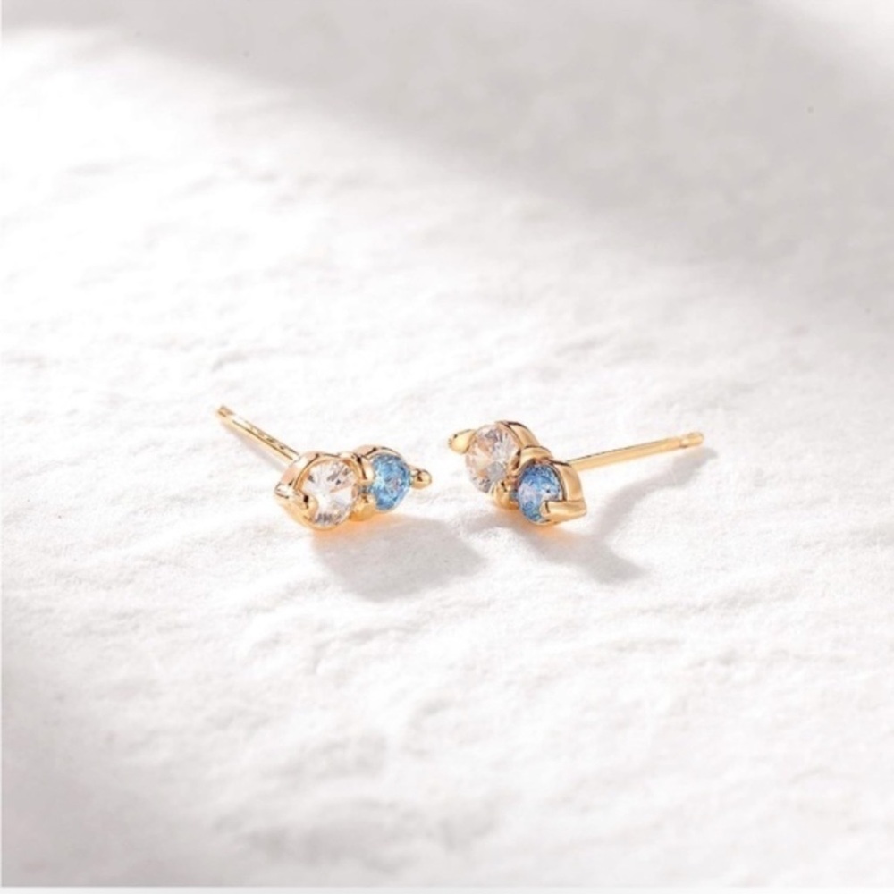 Gold 14k Gold Plated Blue & Clear Cubic Zirconia Stud Earrings